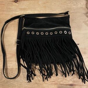 Black Gold Grommet faux Suede fringe crossbody bag Boho festival hippie